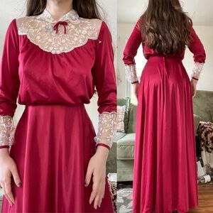 Vintage 1970s Red Lace Milkmaid Prairie Maxi Dress